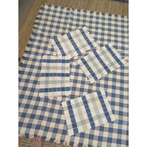 Tableclothw/ 4 Placemats Buffalo Check Country Blue White Fringed Square 58x58 - Picture 2 of 9
